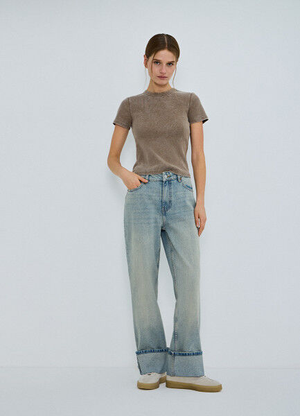 Прямые джинсы средней посадки с отворотами, Голубой O`Stin
