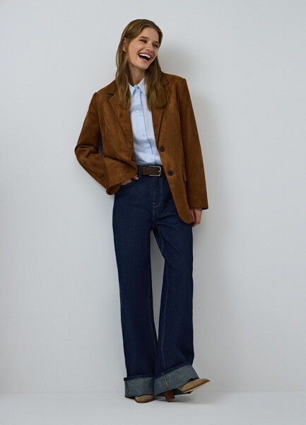Широкие джинсы с высокой посадкой и отворотами, Синий O`Stin