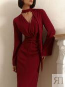 Платье миди со сборкой на талии и лентой в тон